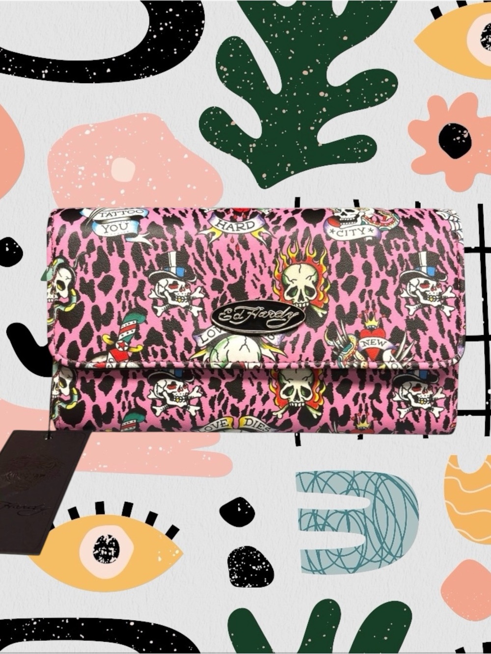 NWT✨ | Ed Hardy | Pink Leopard Tattoo Sketch Print Trifold Large Wallet